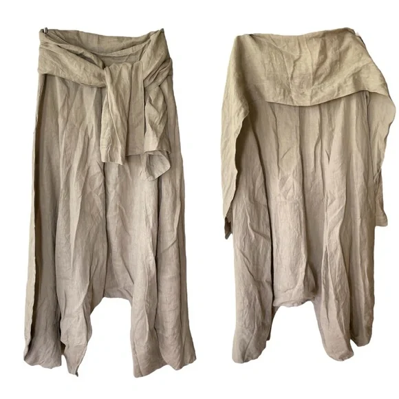 Sarah Pacini Oatmeal Beige Linen Harem Wide Leg Designer Pants with Sash Belt M - Picture 12 of 12